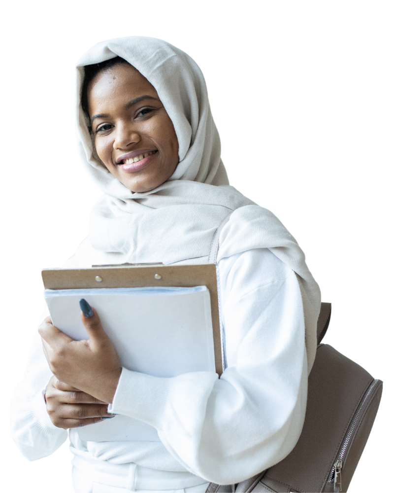 Young woman with clipboard and bag