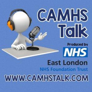 CAMHSTalk podcast logo showing a blue background with white silhouette of a person speaking into a microphone