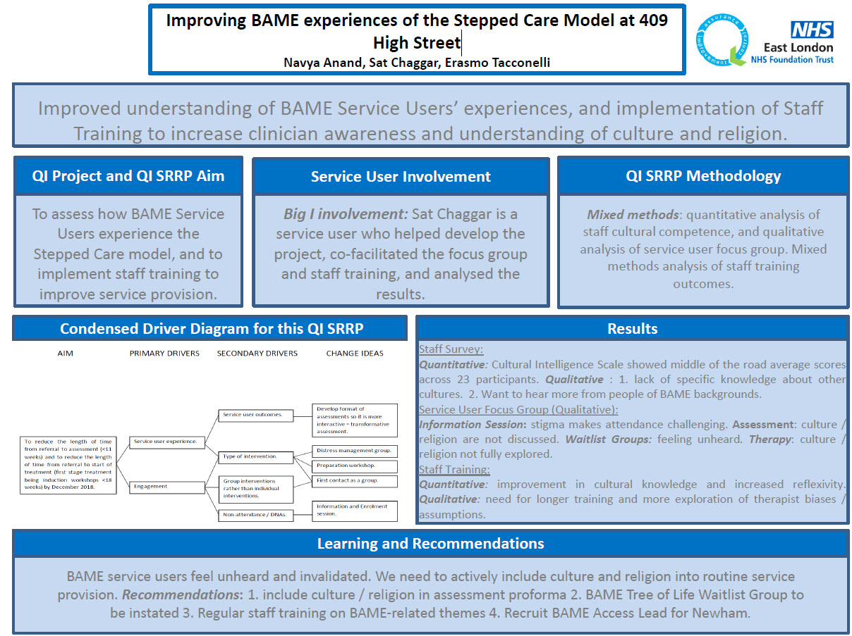 Improving BAME experiences of the Stepped Care Model at 409 High Street ...