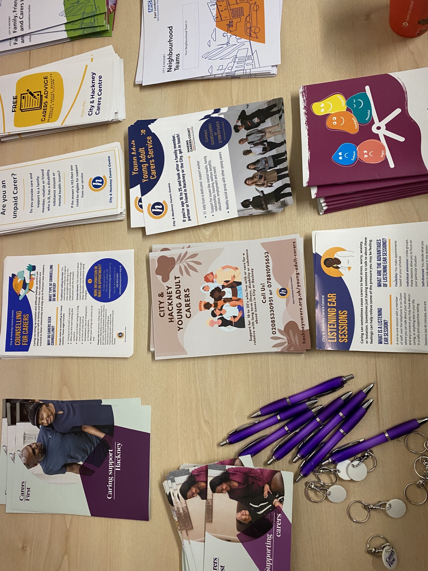 Leaflets, pens and keyrings from the launch of the City and Hackney Family, Friends and Carers Hub 